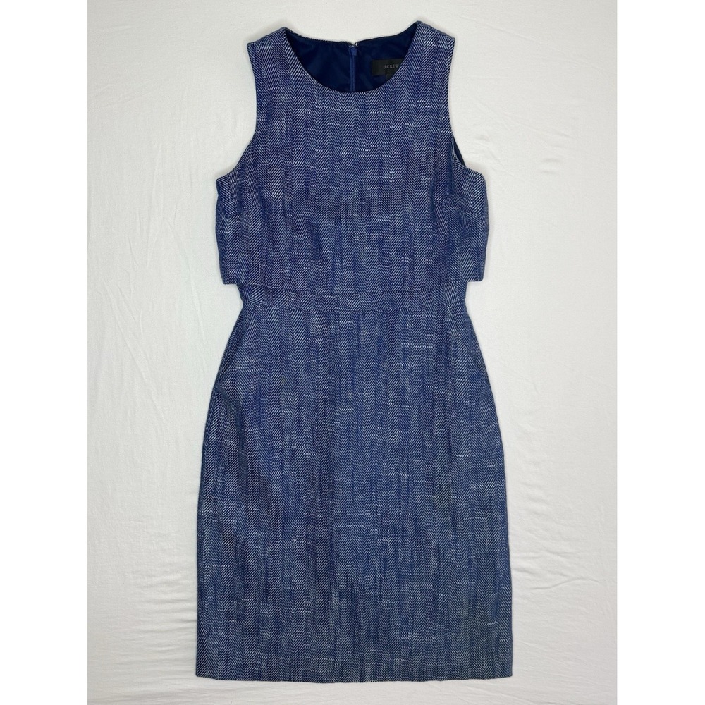 J.CREW Going Places Sheath Tweed Linen Blend Dress Blue White Size 2